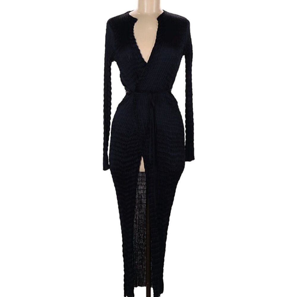 Theory Navy Sheer Ribbed Duster Cardigan Wrap Tie Long Sleeve S